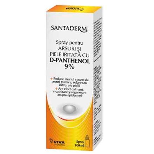 SANTADERM - Spray pentru arsuri si piele iritata cu D-PANTHENOL  9%  (100 ml) - VivaPharma